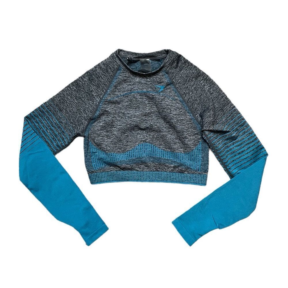 GYMSHARK Amplify Seamless Long Sleeve Cropped Shirt Blue Gray Size Large